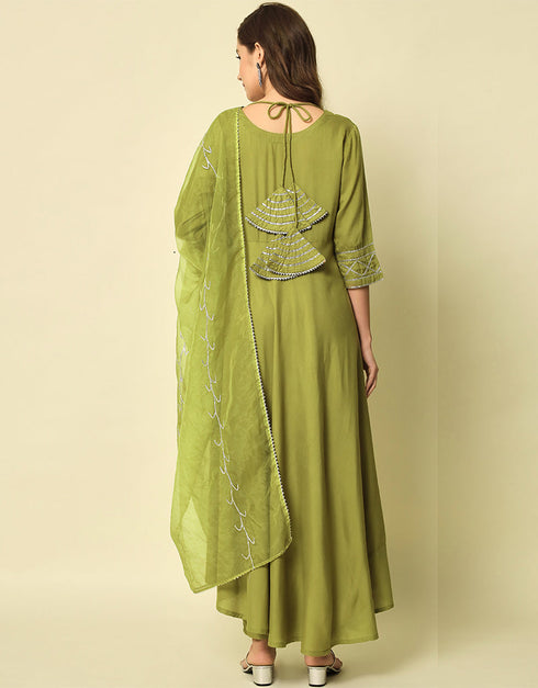 Traditional Function Wear Viscose Rayon Readymade Suit Mehendi Green Viscose Rayon Pant Anarkali Side View