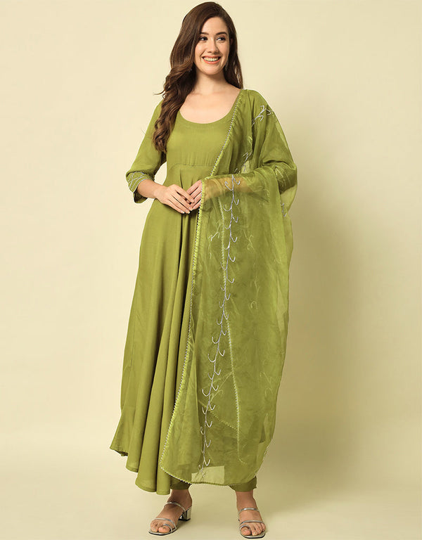 Traditional Function Wear Viscose Rayon Readymade Suit Mehendi Green Viscose Rayon Pant Anarkali Front View