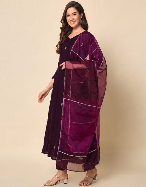 Traditional Function Wear Viscose Rayon Readymade Suit Wine Viscose Rayon Pant Anarkali Close-up View