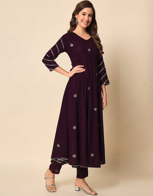 Traditional Function Wear Viscose Rayon Readymade Suit Wine Viscose Rayon Pant Anarkali Back View