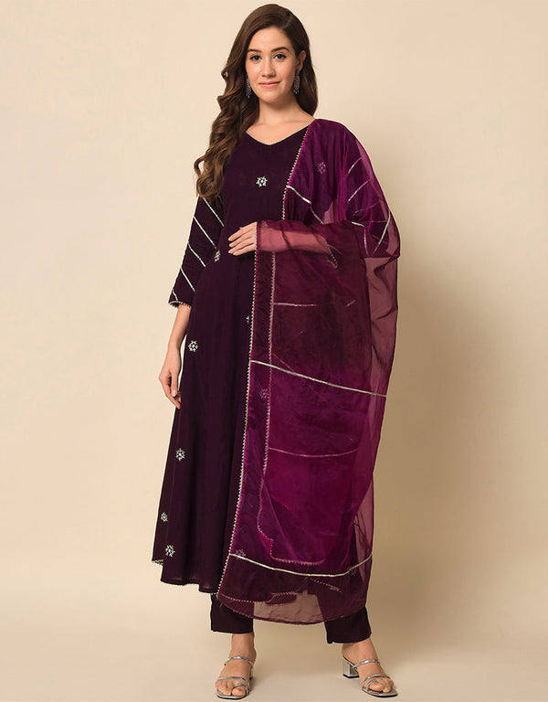 Traditional Function Wear Viscose Rayon Readymade Suit Wine Viscose Rayon Pant Anarkali Front View
