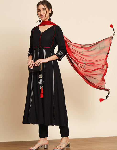 Traditional Function Wear Viscose Rayon Readymade Suit Black Viscose Rayon Pant Anarkali Close-up View