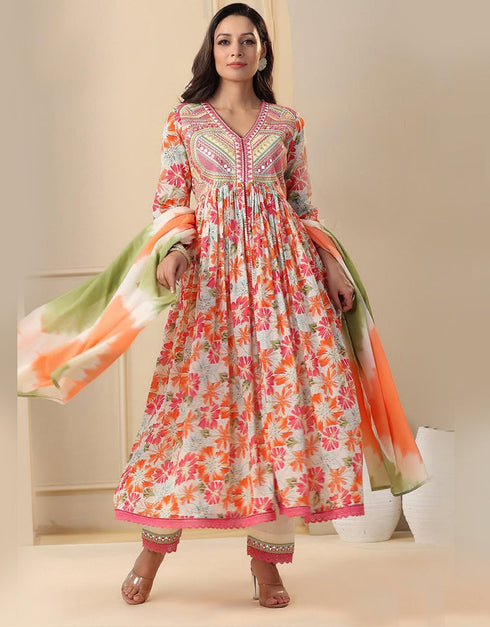 Traditional Function Wear Soft Muslin Readymade Anarkali Suit Multi Soft Muslin Pant Anarkali Front View