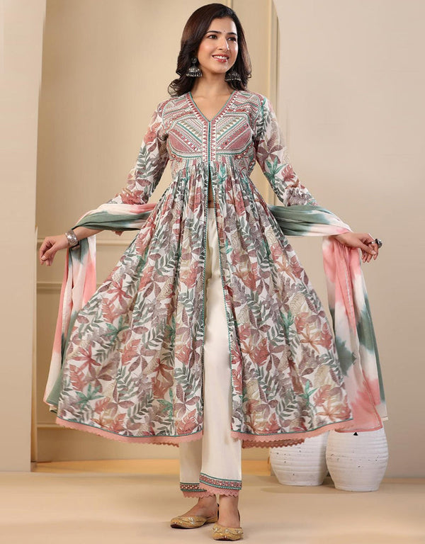 Traditional Function Wear Soft Muslin Readymade Anarkali Suit Multi Soft Muslin Pant Anarkali Front View