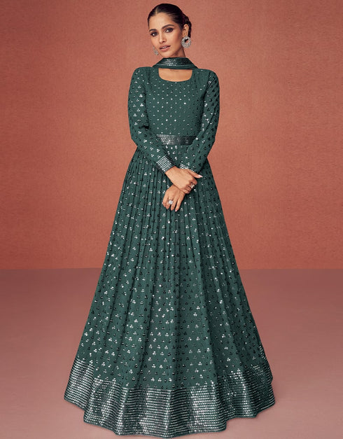 Real Georgette Teal Green Dress Suit Anarkali Bottom