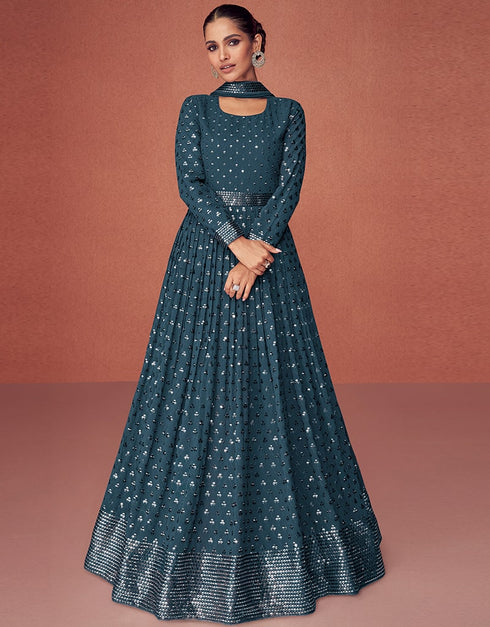 Real Georgette Teal Blue Dress Suit Anarkali Bottom