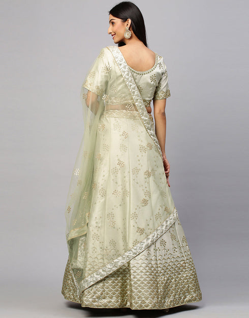 Designer Wedding Wear Heavy Lehenga Choli Collection Beige Satin Lehenga Choli Close-up View