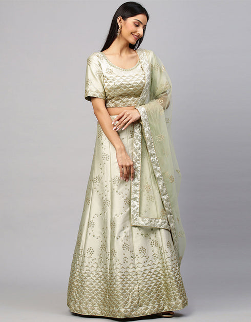 Designer Wedding Wear Heavy Lehenga Choli Collection Beige Satin Lehenga Choli Front View