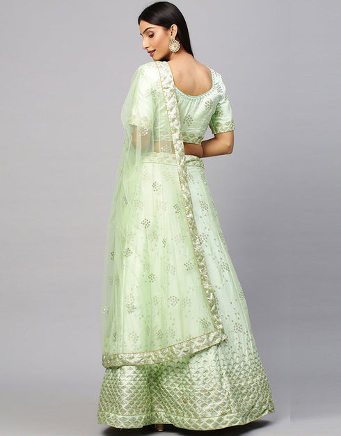 Designer Wedding Wear Heavy Lehenga Choli Collection Green Satin Lehenga Choli Close-up View