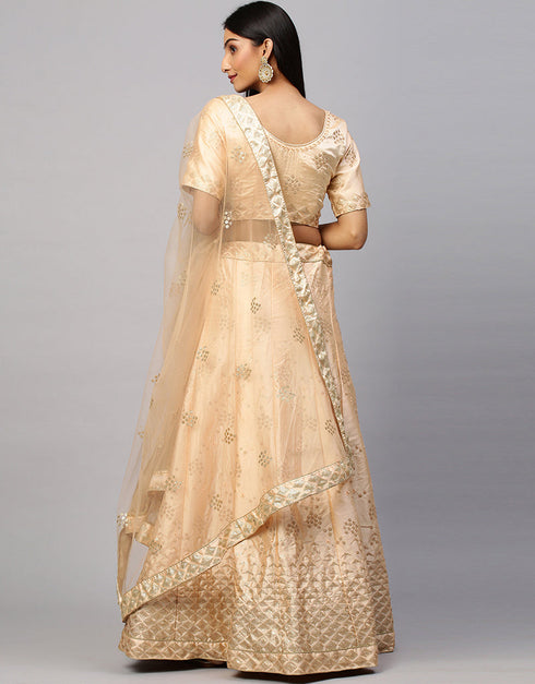 Designer Wedding Wear Heavy Lehenga Choli Collection Peach Satin Lehenga Choli Close-up View