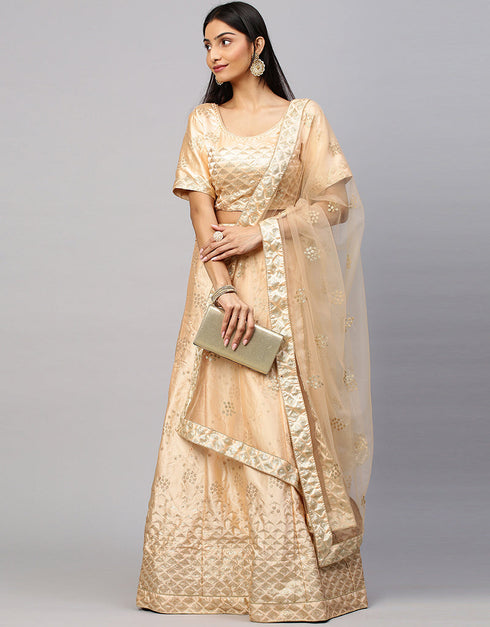 Designer Wedding Wear Heavy Lehenga Choli Collection Peach Satin Lehenga Choli Front View