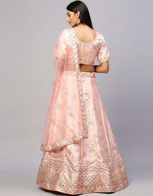 Designer Wedding Wear Heavy Lehenga Choli Collection Pink Satin Lehenga Choli Close-up View