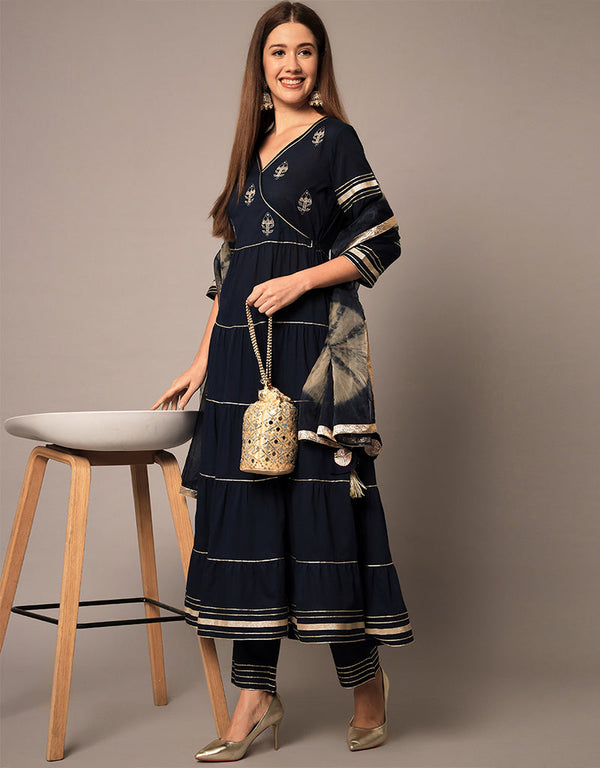 Traditional Function Wear Rayon Readymade Suit Navy Blue Rayon Pant Straight Front View