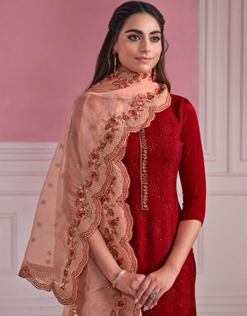 Traditional Function Wear Heavy Salwar Suit Collection Maroon Chinnon Chiffon Pant Straight Close-up View