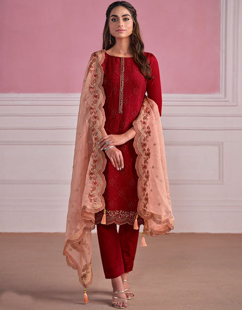 Traditional Function Wear Heavy Salwar Suit Collection Maroon Chinnon Chiffon Pant Straight Front View