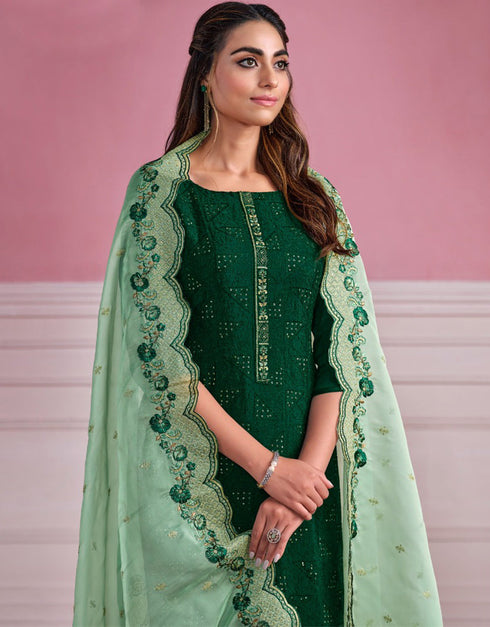 Traditional Function Wear Heavy Salwar Suit Collection Green Chinnon Chiffon Pant Straight Close-up View
