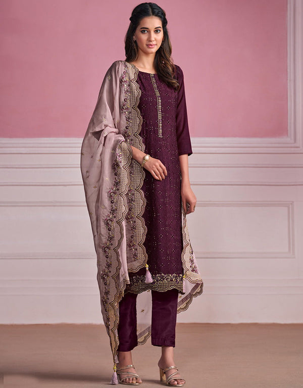 Traditional Function Wear Heavy Salwar Suit Collection Purple Chinnon Chiffon Pant Straight Front View