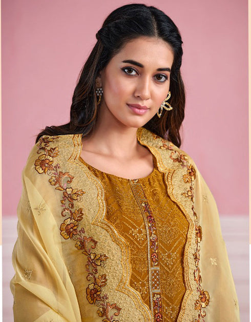 Traditional Function Wear Heavy Salwar Suit Collection Mustard Chinnon Chiffon Pant Straight Close-up View