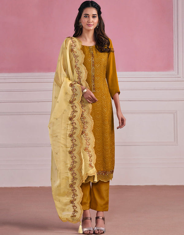 Traditional Function Wear Heavy Salwar Suit Collection Mustard Chinnon Chiffon Pant Straight Front View