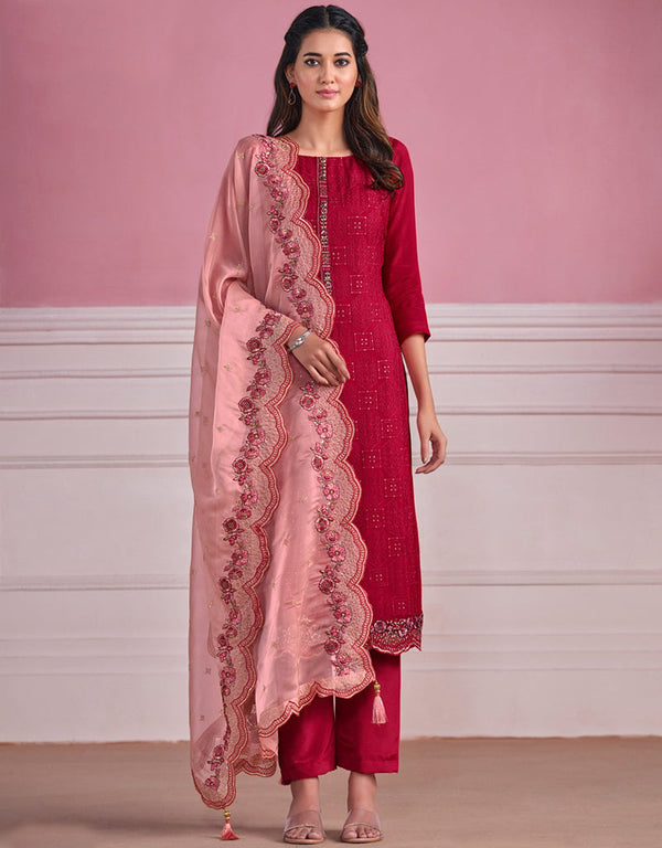 Traditional Function Wear Heavy Salwar Suit Collection Pink Chinnon Chiffon Pant Straight Front View