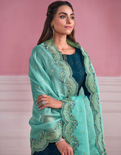 Traditional Function Wear Heavy Salwar Suit Collection Teal Chinnon Chiffon Pant Straight Close-up View