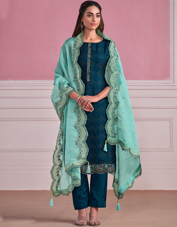 Traditional Function Wear Heavy Salwar Suit Collection Teal Chinnon Chiffon Pant Straight Front View