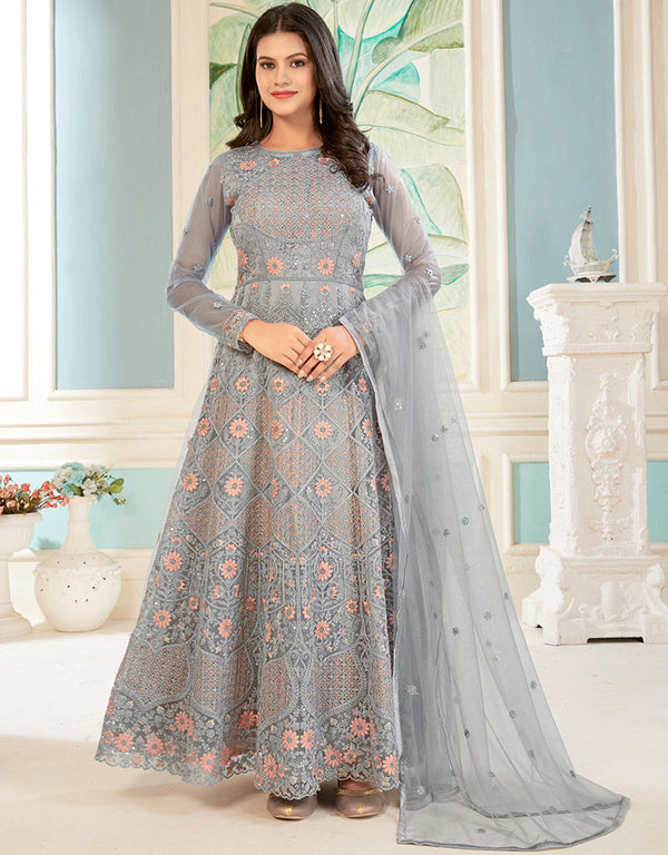 Traditional Function Wear Heavy Butterfly Net Salwar Suit Collection Grey Butterfly Net Pant Anarkali Front View