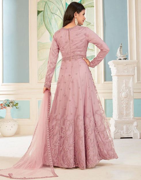 Traditional Function Wear Heavy Butterfly Net Salwar Suit Collection Pink Butterfly Net Pant Anarkali Back View