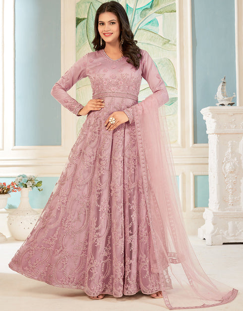 Traditional Function Wear Heavy Butterfly Net Salwar Suit Collection Pink Butterfly Net Pant Anarkali Front View