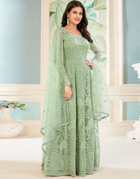 Traditional Function Wear Heavy Butterfly Net Salwar Suit Collection Pista Butterfly Net Pant Anarkali Close-up View