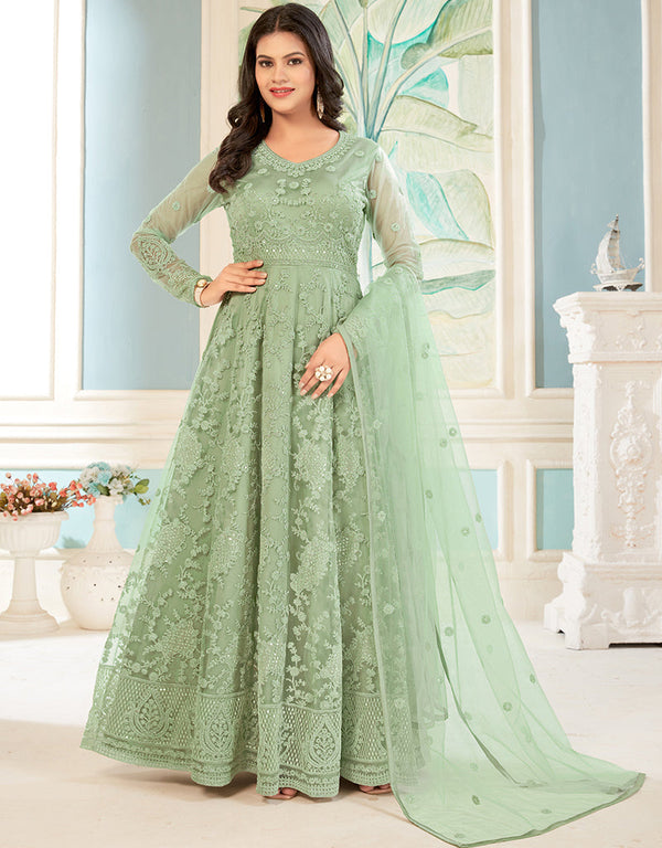 Traditional Function Wear Heavy Butterfly Net Salwar Suit Collection Pista Butterfly Net Pant Anarkali Front View