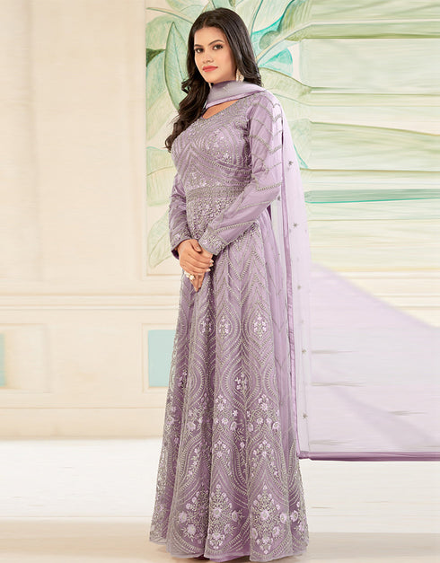 Traditional Function Wear Heavy Butterfly Net Salwar Suit Collection Purple Butterfly Net Pant Anarkali Close-up View