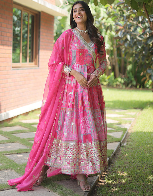 Traditional Function Wear Russian Silk Readymade Gown With Dupatta Pink Russian Silk Gown Close-up View