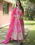 Traditional Function Wear Russian Silk Readymade Gown With Dupatta Pink Russian Silk Gown Close-up View