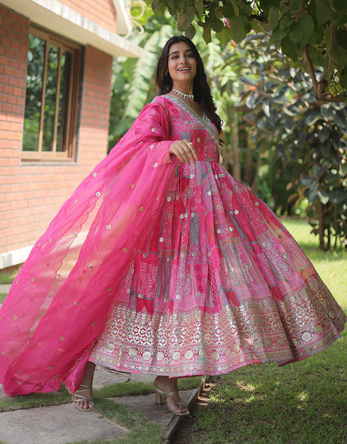Traditional Function Wear Russian Silk Readymade Gown With Dupatta Pink Russian Silk Gown Back View