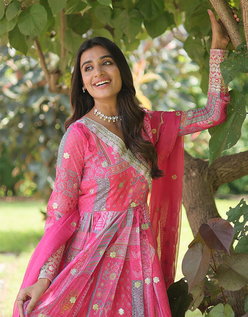 Traditional Function Wear Russian Silk Readymade Gown With Dupatta Pink Russian Silk Gown Side View