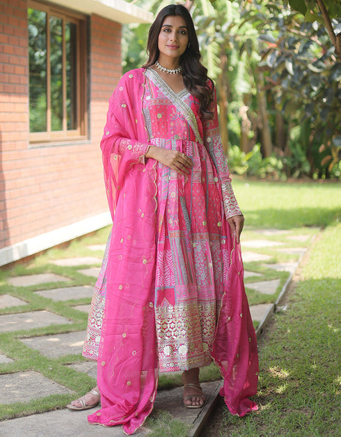 Traditional Function Wear Russian Silk Readymade Gown With Dupatta Pink Russian Silk Gown Front View