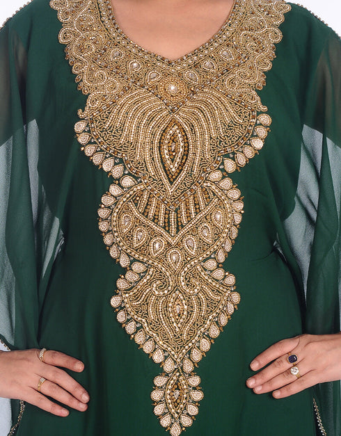 Muslimah Bottle Green Georgette Hand Embroidery Party Wear Kaftan
