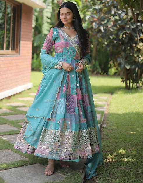 Traditional Function Wear Russian Silk Readymade Gown With Dupatta Sky Russian Silk Gown Close-up View