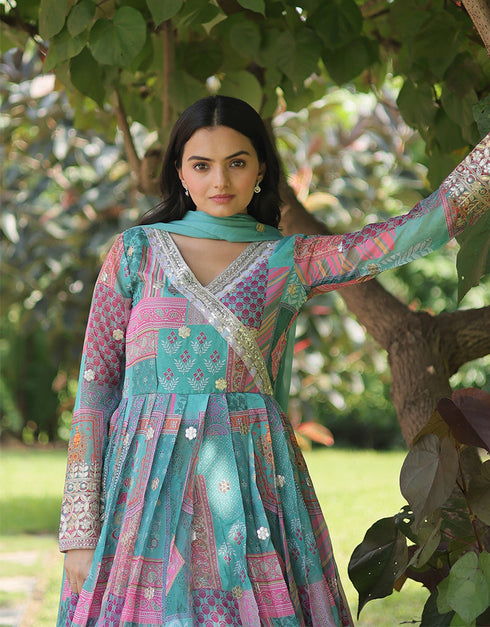 Traditional Function Wear Russian Silk Readymade Gown With Dupatta Sky Russian Silk Gown Side View