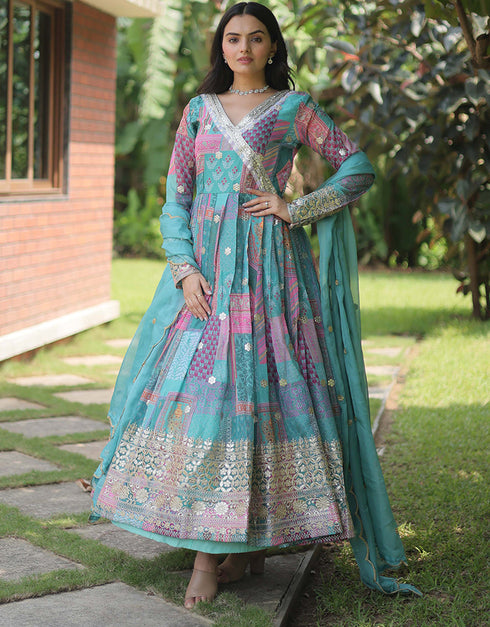 Traditional Function Wear Russian Silk Readymade Gown With Dupatta Sky Russian Silk Gown Front View