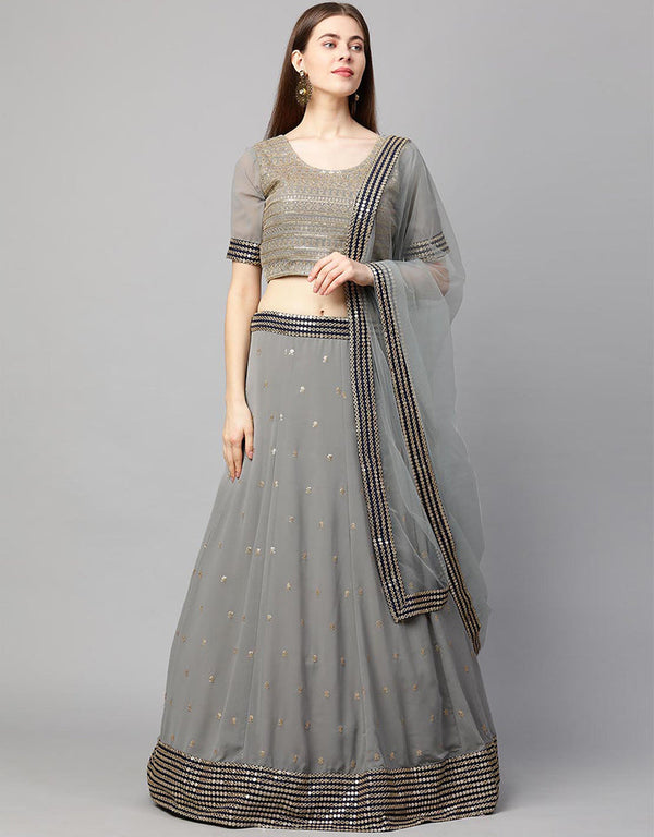 Designer Wedding Wear Heavy Georgette Lehenga Choli Collection Grey Georgette Lehenga Choli Front View