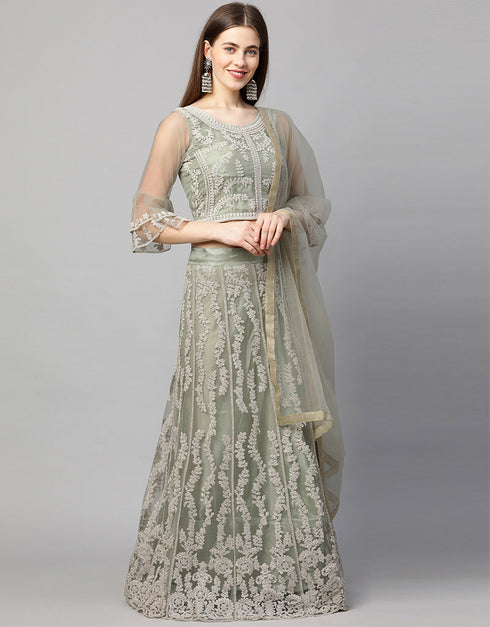 Designer Wedding Wear Heavy Net Lehenga Choli Collection Green Net Lehenga Choli Back View