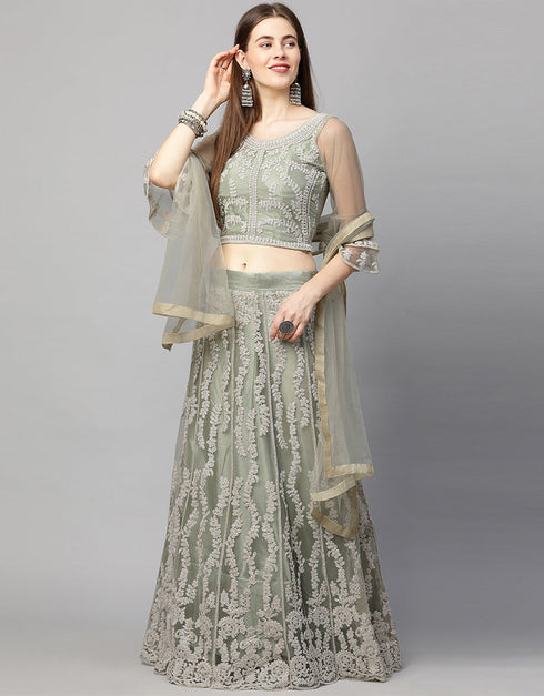 Designer Wedding Wear Heavy Net Lehenga Choli Collection Green Net Lehenga Choli Front View