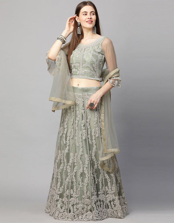 Designer Wedding Wear Heavy Net Lehenga Choli Collection Green Net Lehenga Choli Front View