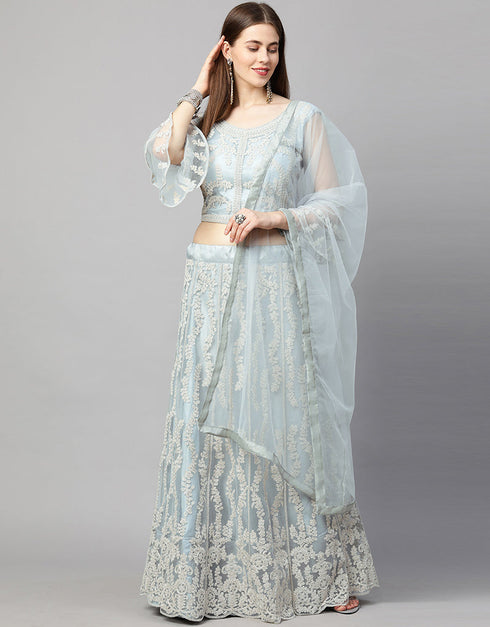Designer Wedding Wear Heavy Net Lehenga Choli Collection Grey Net Lehenga Choli Front View