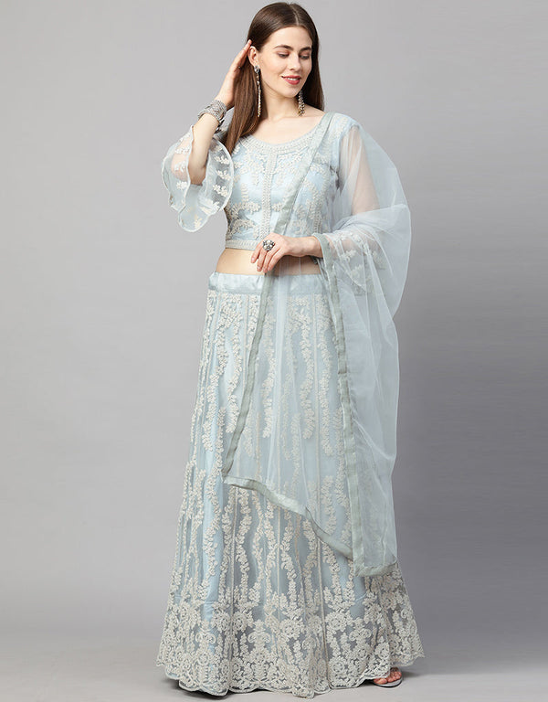 Designer Wedding Wear Heavy Net Lehenga Choli Collection Grey Net Lehenga Choli Front View