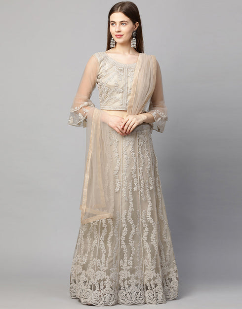 Designer Wedding Wear Heavy Net Lehenga Choli Collection Off White Net Lehenga Choli Front View