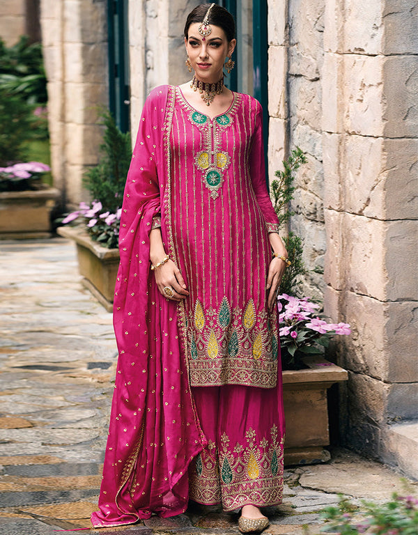 Designer Party Wear Chinon Silk Salwar Suit Collection Pink Chinon Silk Palazzo Straight Front View