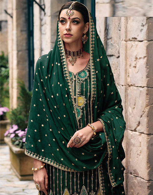 Designer Party Wear Chinon Silk Salwar Suit Collection Green Chinon Silk Palazzo Straight Close-up View